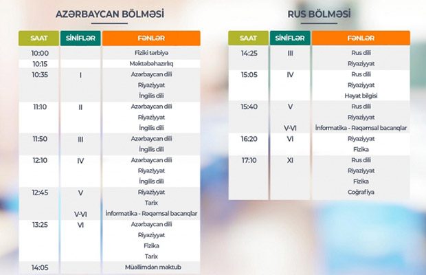 “Dərs vaxtı”nın sabaha olan cədvəli