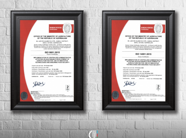 Kənd Təsərrüfatı Nazirliyi İSO 9001:2015 və İSO 14001:2015 beynəlxalq sertifikatlarını əldə edib